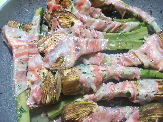 Carciofi nella pancetta e Arrosticini di agnello