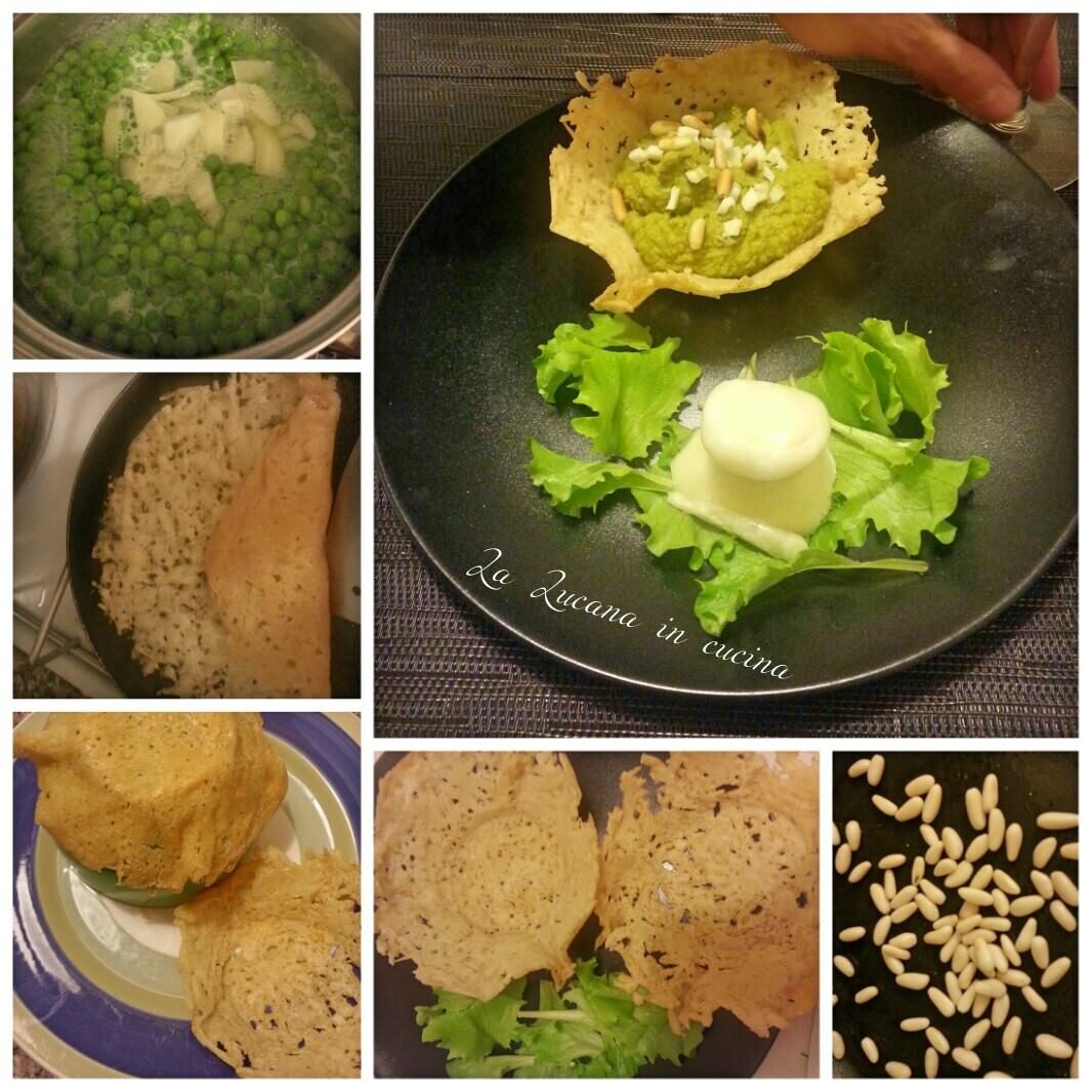 Cestini di parmigiano con crema di piselli ai pinoli