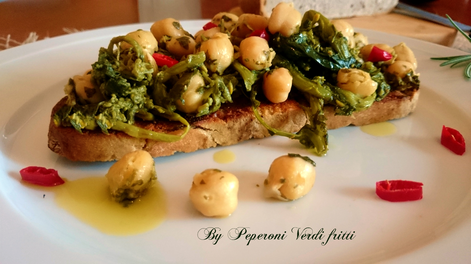 Crostone di pane alle castagne con friarelli e ceci