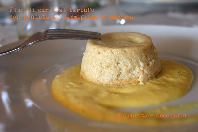 Flan di cardi al tartufo su fonduta al parmigiano e curcuma
