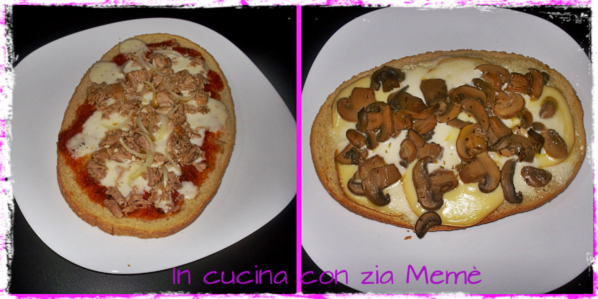 Maxi bruschette con Tonno e cipolla e con Formaggio e funghi
