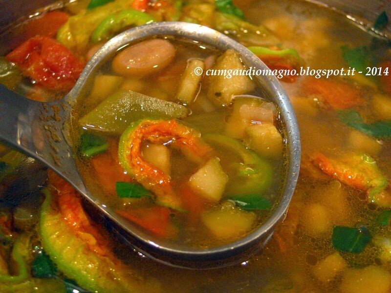Minestra di zucchine, fiori di zucca e fagioli borlotti
