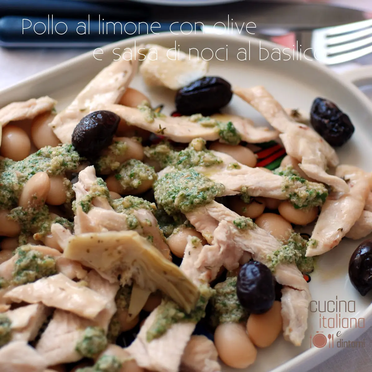 Pollo al limone con olive e salsa di noci al basilico