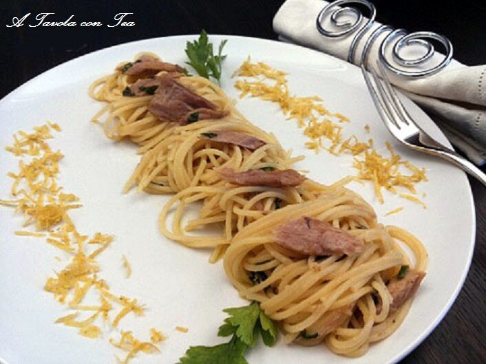 Spaghetti alla Ventresca di tonno aromatizzati alla Menta e Limone