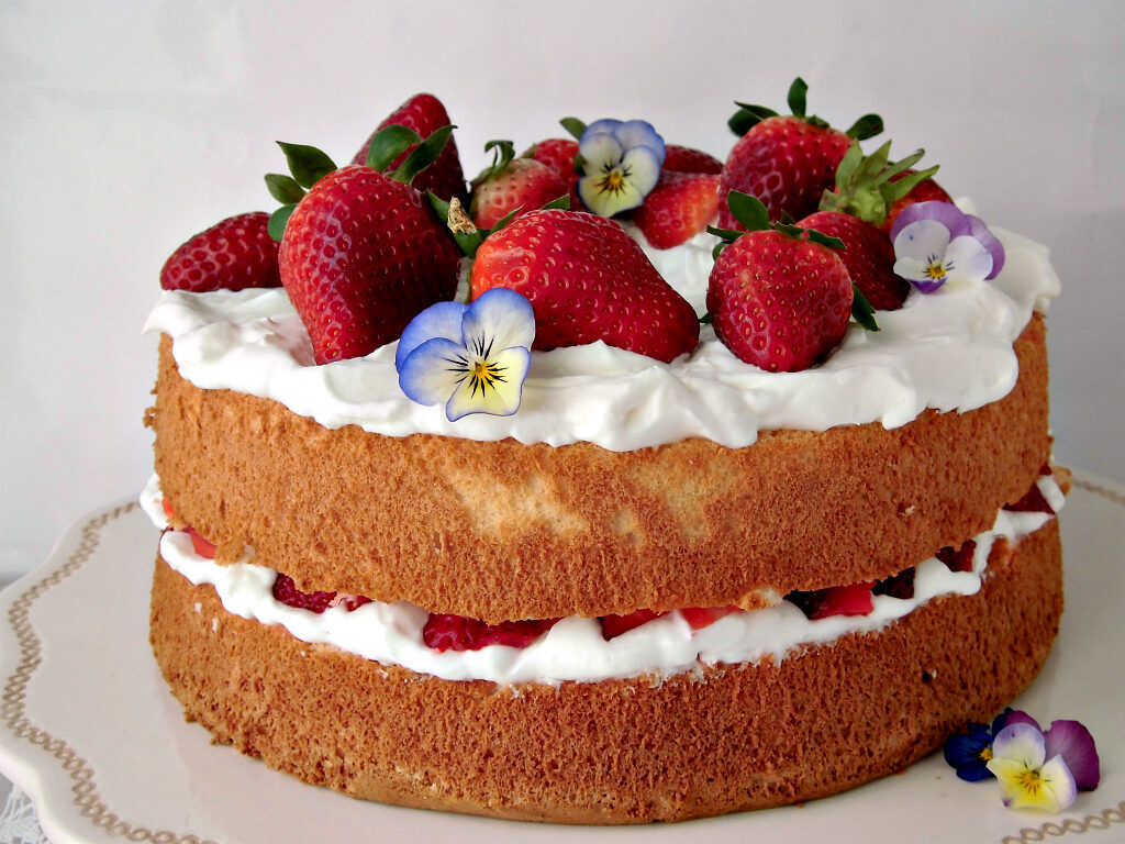 Angel food cake con panna e fragole