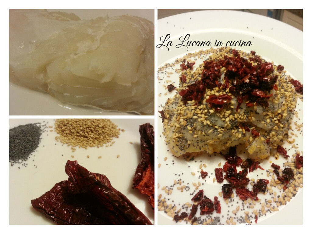 Baccalà con semi di papavero, sesamo e peperoni cruschi