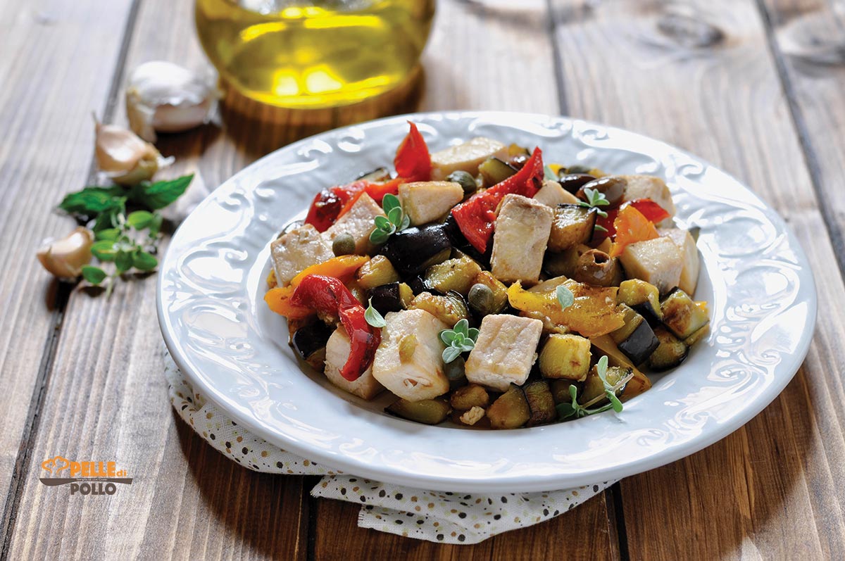 Bocconcini di pesce spada con verdure in padella