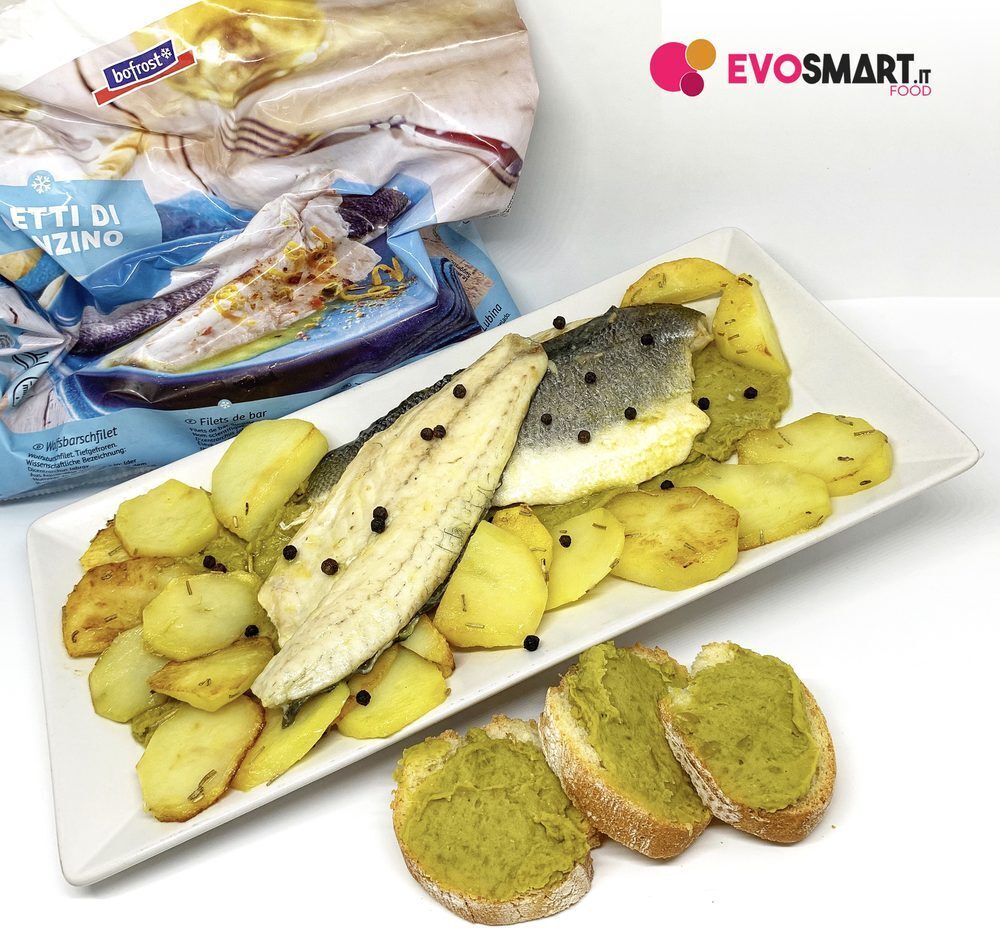 Branzino bofrost* su un letto di crema di piselli