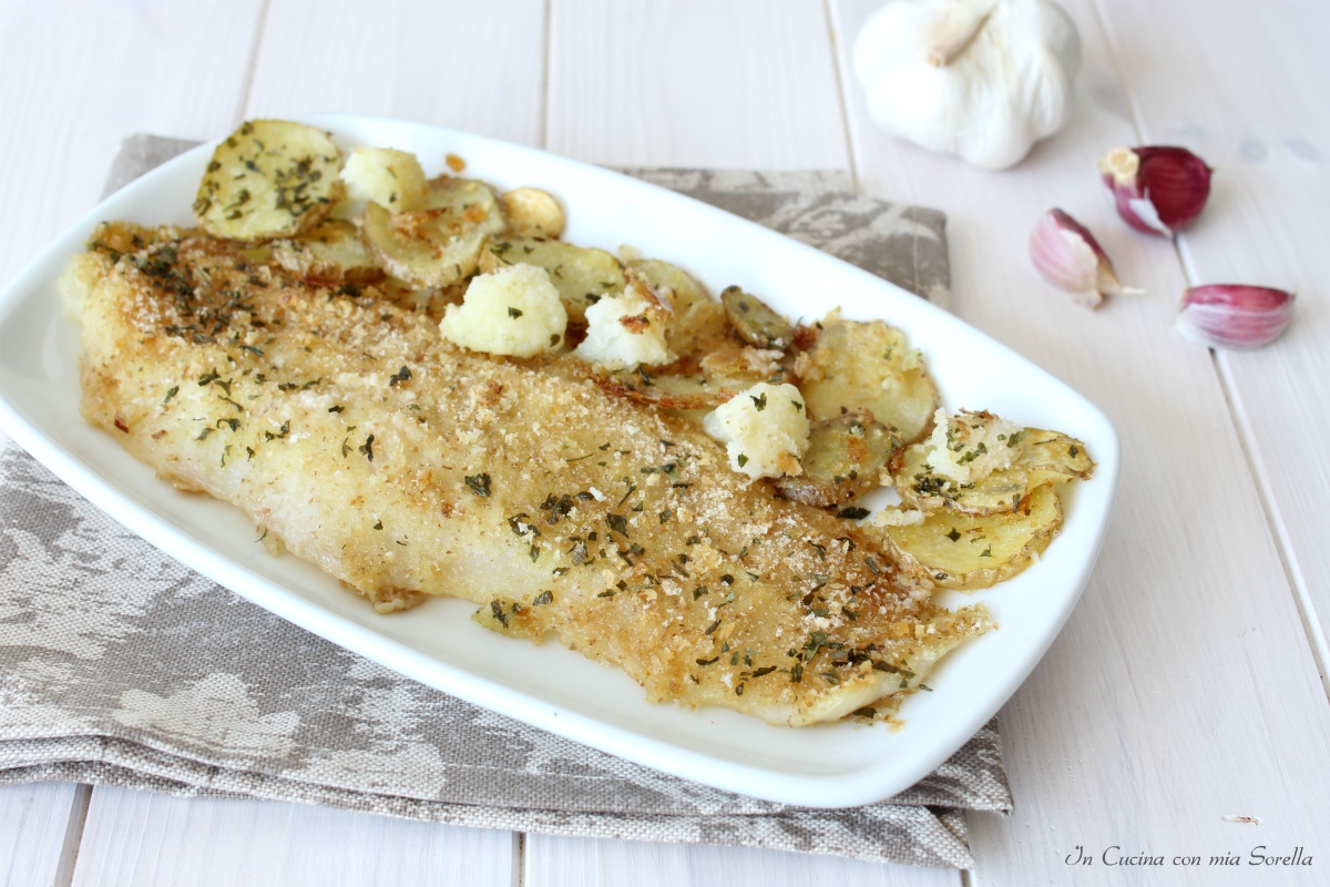 Branzino gratinato con patate e cavolfiori