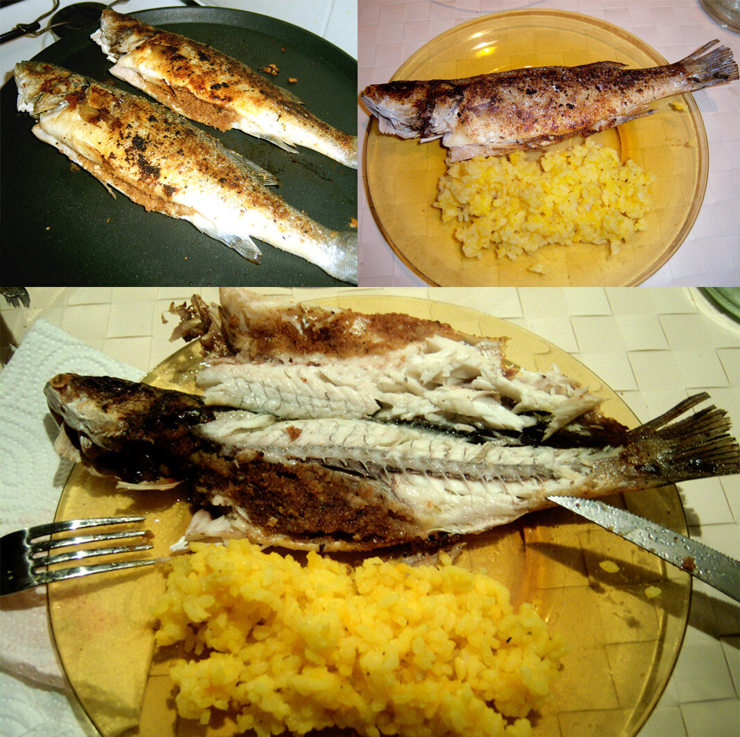 Branzino (spigola) alla piastra e riso allo zafferano
