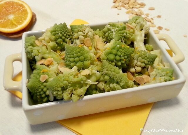 Broccolo romanesco arancia e mandorle tostate
