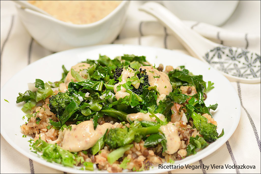 Broccolo viola con lenticchie e bulgur