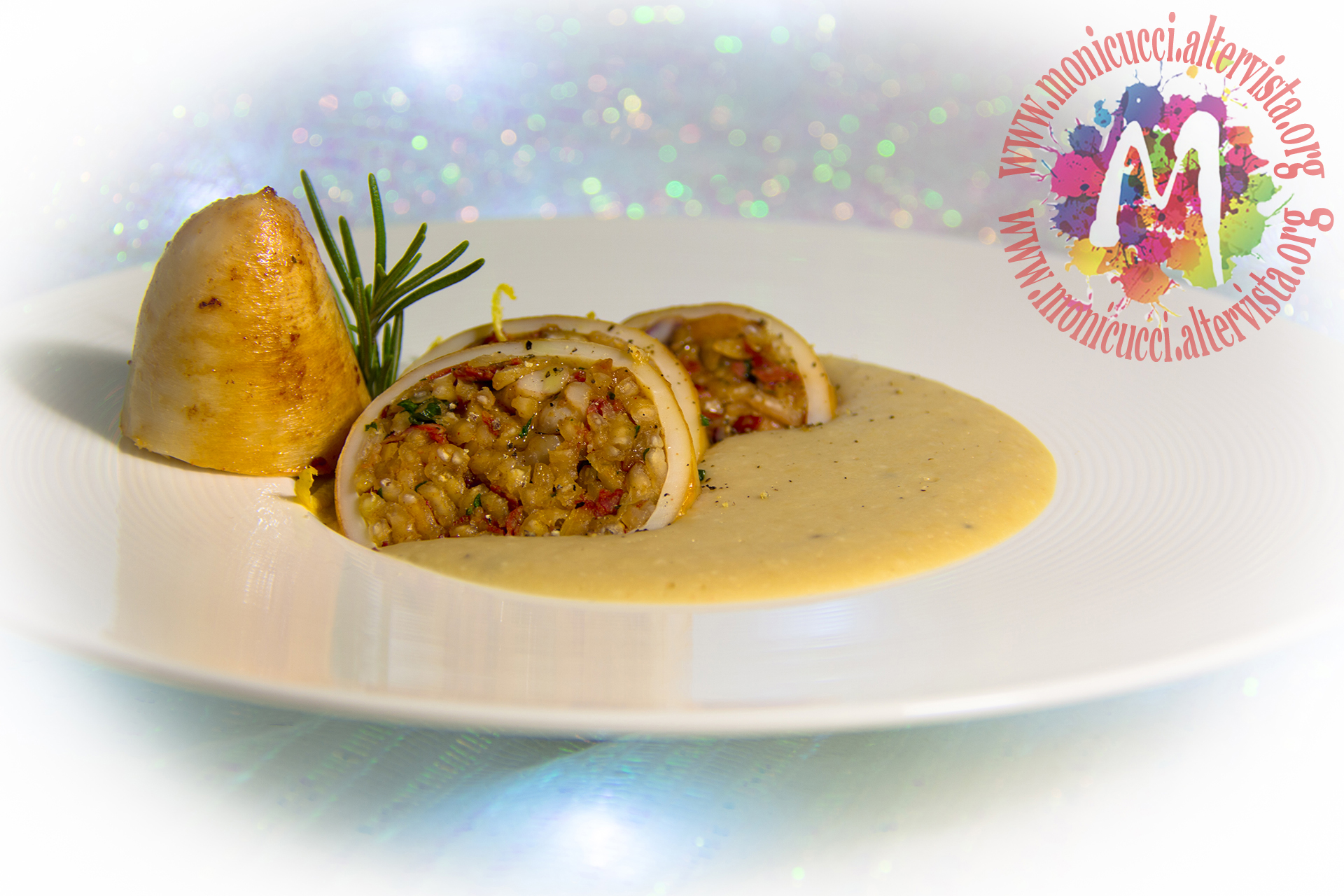 Calamari ripieni di riso alla paprika su crema aromatica di cannellini – i menù del sorriso