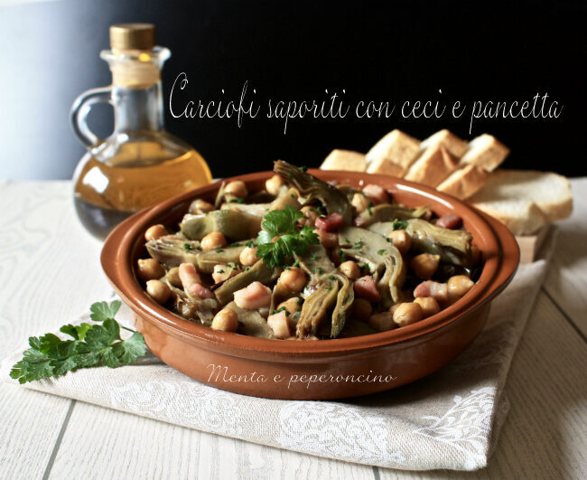 Carciofi saporiti con ceci e pancetta