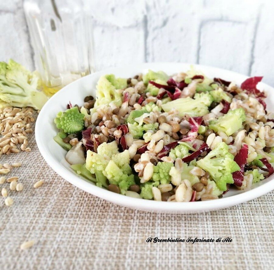 Cereali con lenticchie, cavolo cappuccio viola e broccoli