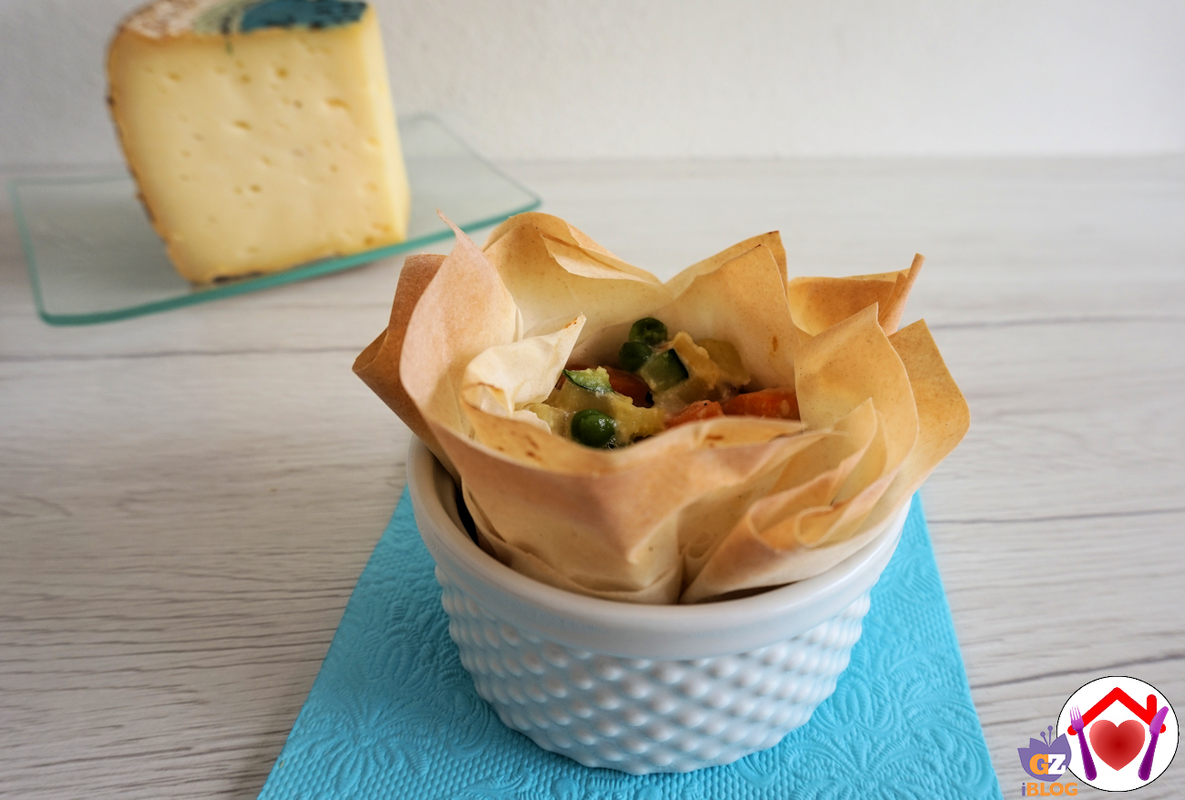 Cestini di pasta fillo, verdure e formaggio il fassano