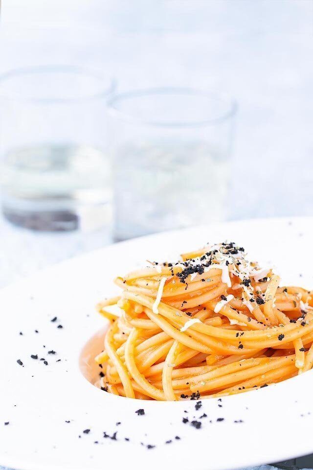 Chitarra crema di peperoni e feta greca