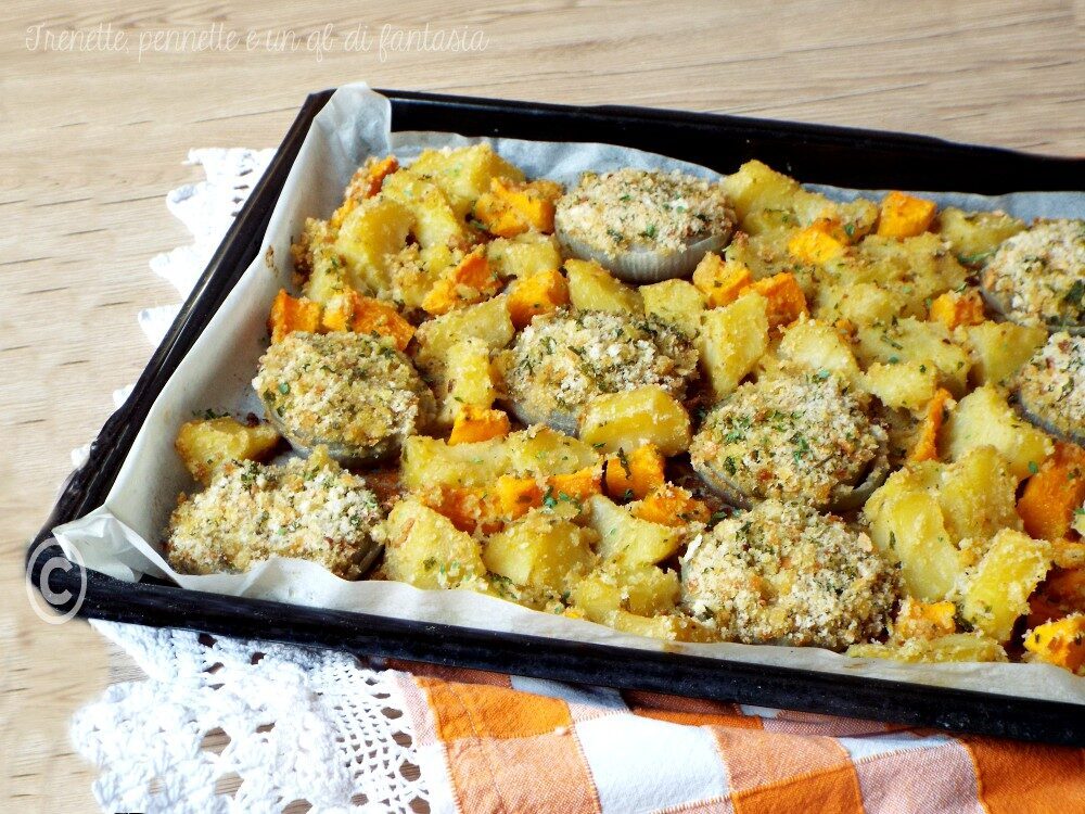 Cipolle gratinate con patate e zucca