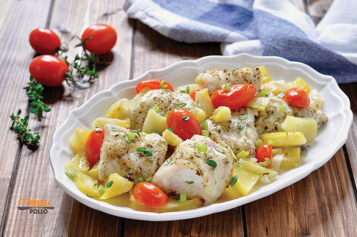 Coda di rospo con patate e pomodorini