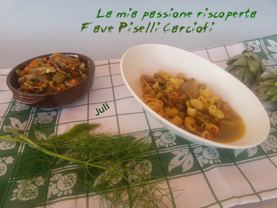 Conghiglie di pasta con fave piselli carciofi