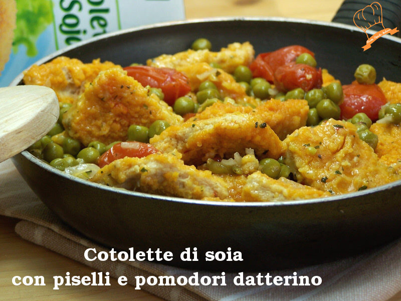 Cotolette di soia con piselli e pomodori datterino