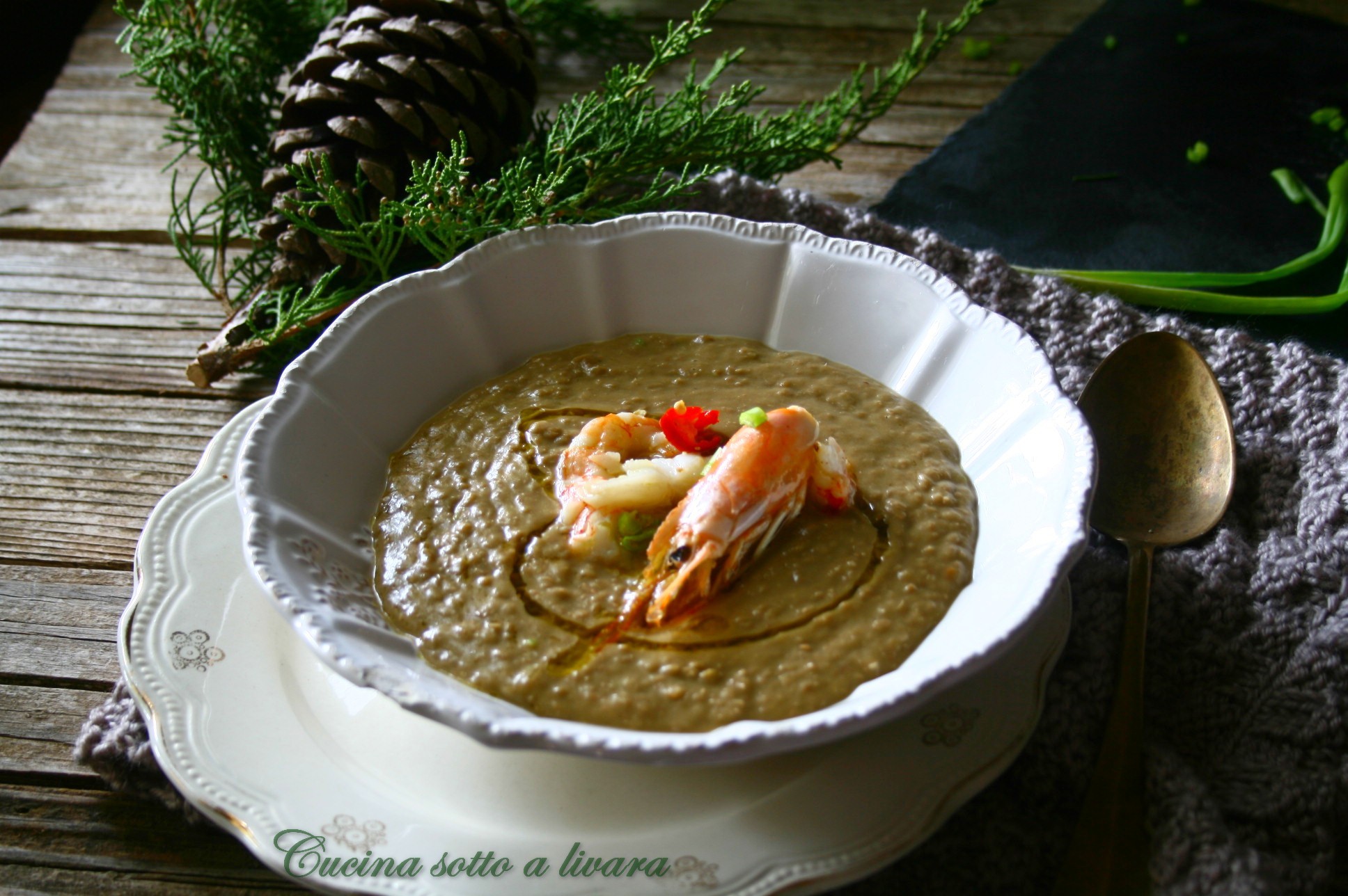 Crema di lenticchie e gamberoni
