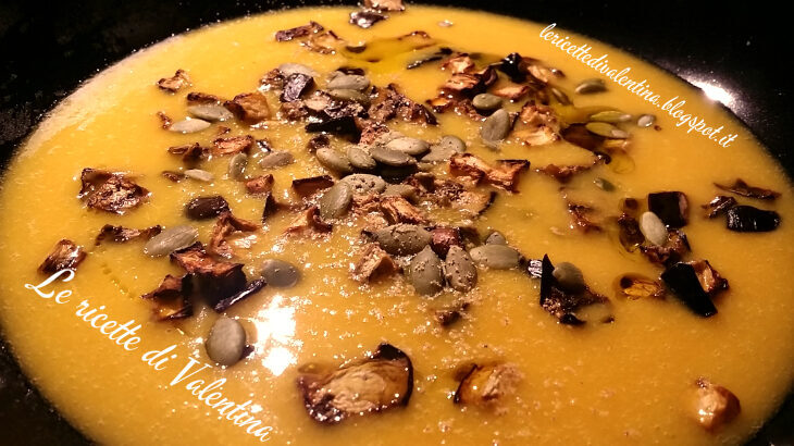 Crema di zucca e fave secche con semi di zucca e “crostini” di melanzane (ricetta bimby)