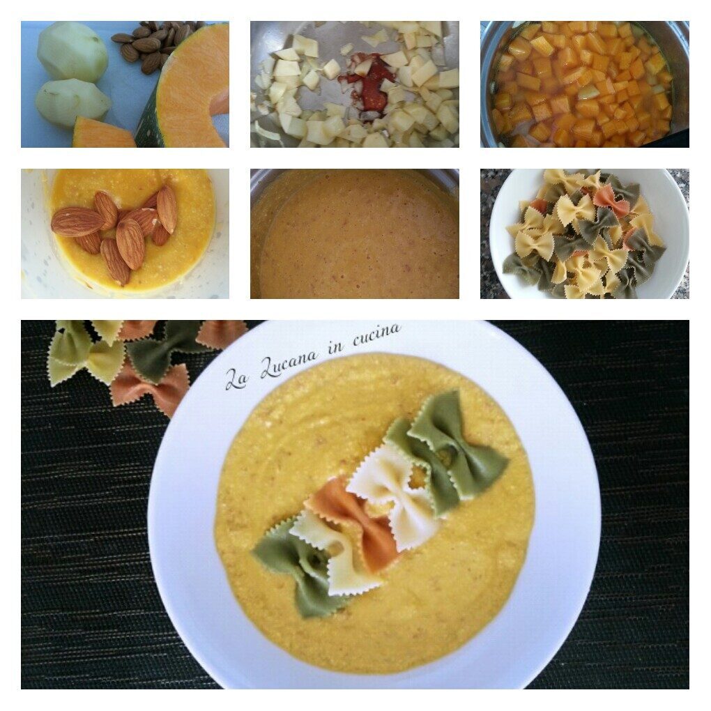 Crema di zucca e mandorle con pasta tricolore