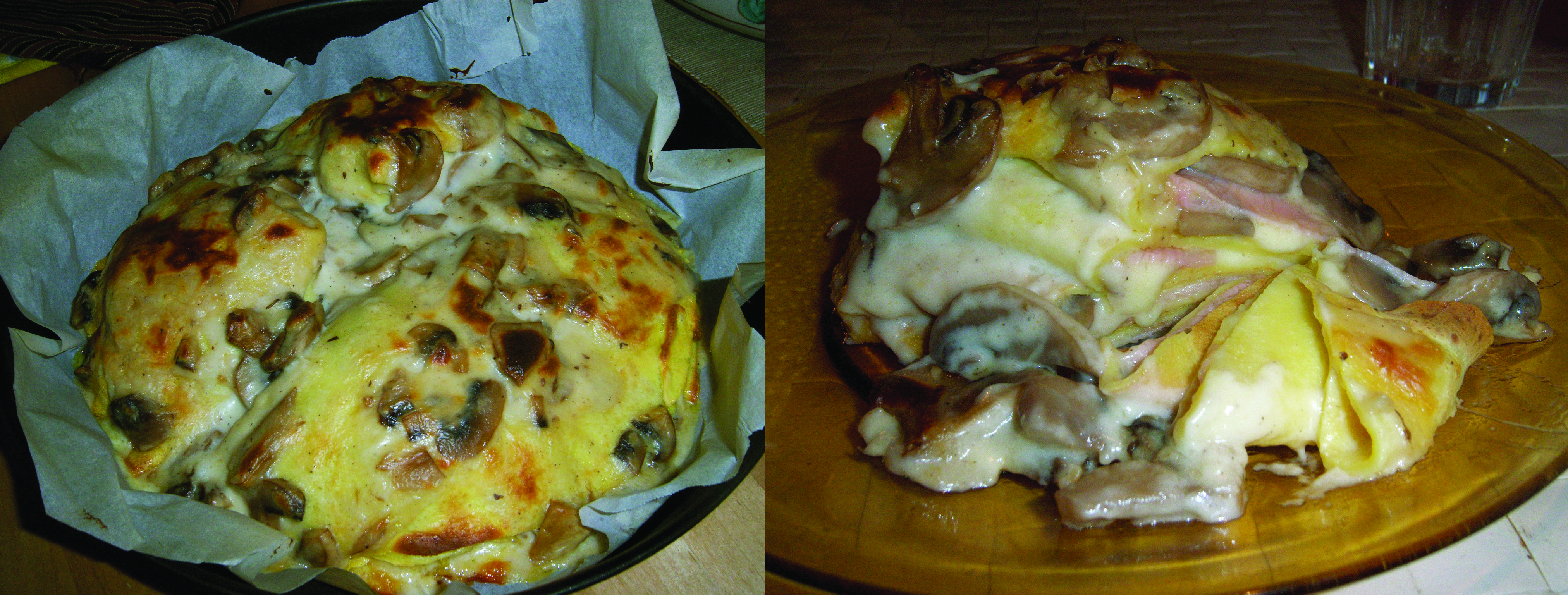 Crepes con besciamella, prosciutto, funghi e emmental