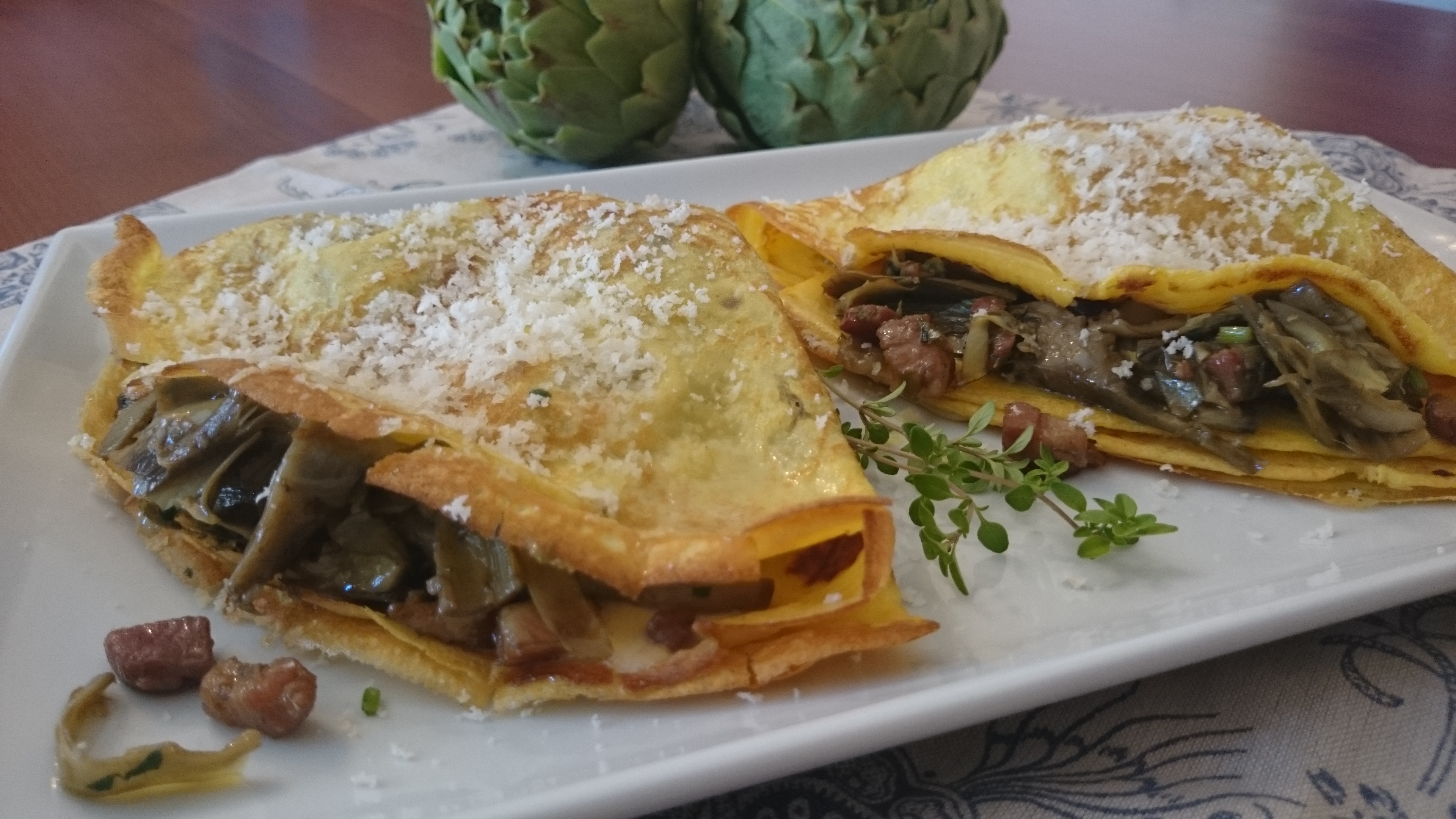 Crepes con carciofi e pancetta