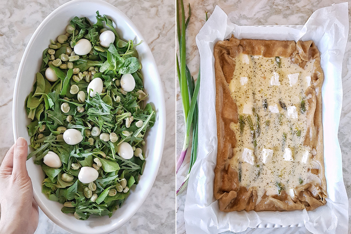 Crostata salata con asparagi e feta e l’insalatina con uova di quaglia