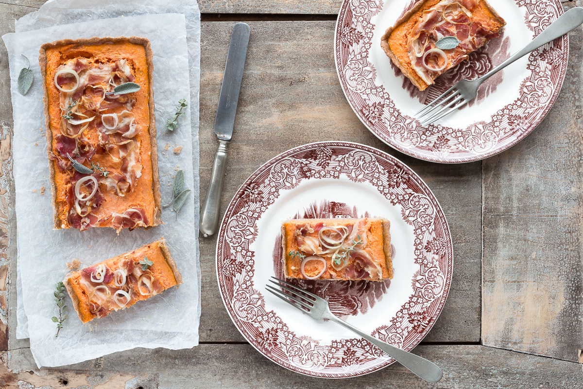 Crostata salata integrale con zucca e pancetta {brisèe senza burro}