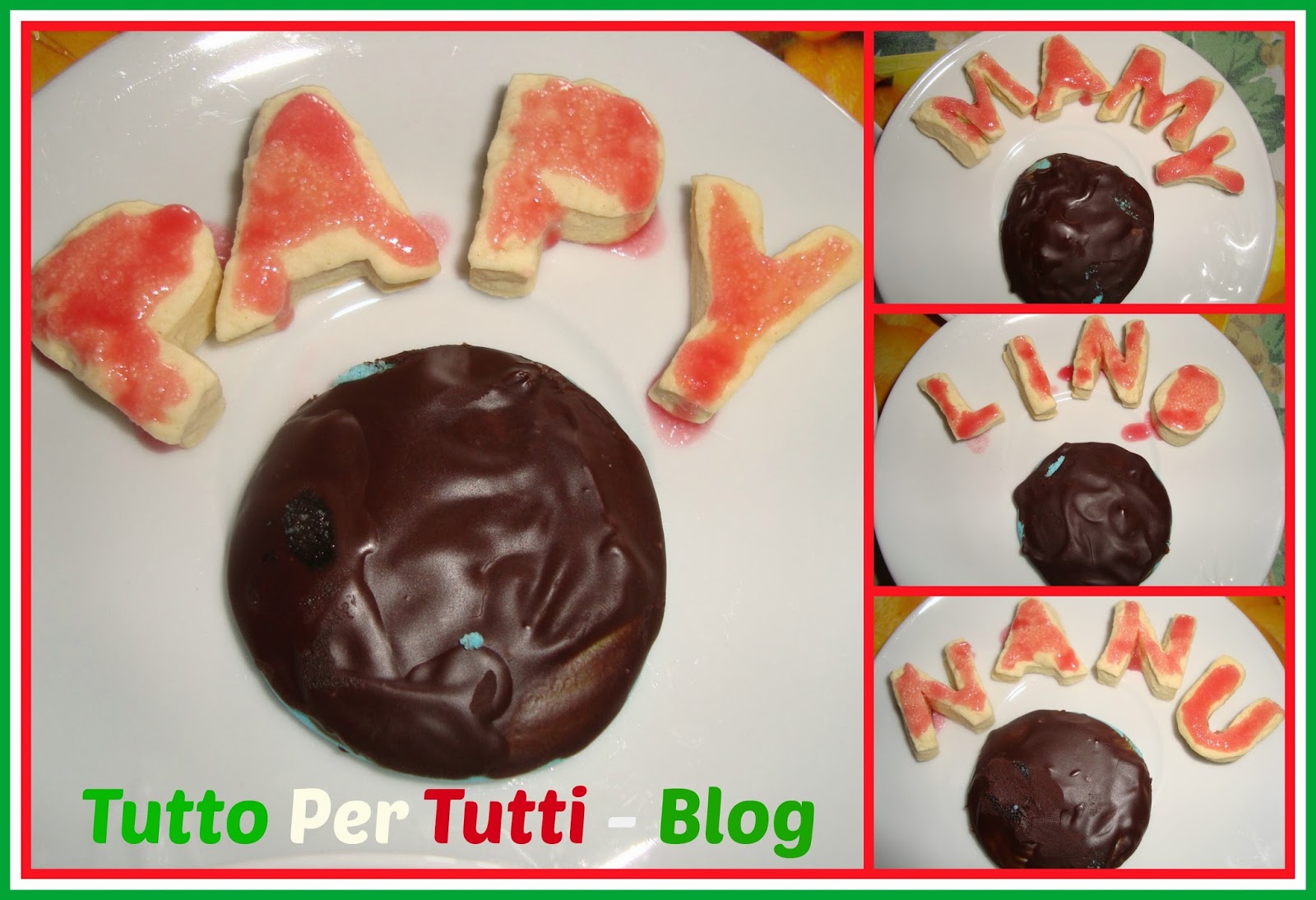 Cucina – dolci – medaglioni di meringa azzurra con cioccolato e lettere di biscotto glassato – speciale football