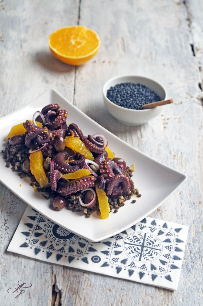 Essenza: insalata di polpo, lenticchie nere beluga e arancio
