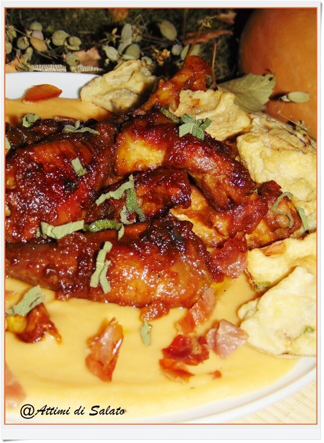 Faraona alla birra su letto di pure’ di zucca e melanzane fritte