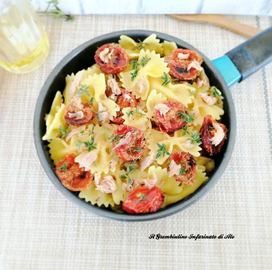 Farfalle risottate al tonno e pomodorini gratinati