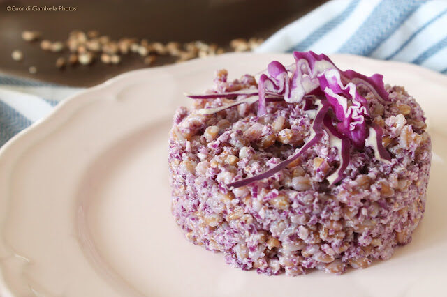 Farro con pesto di cavolo viola e noci