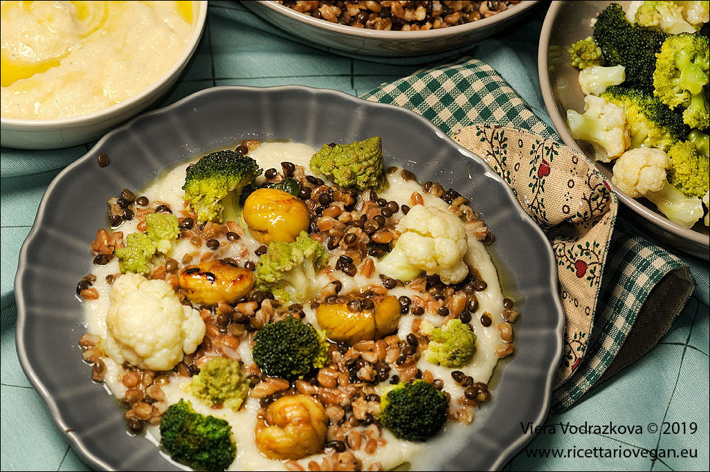 Farro e lenticchie con crema di sedano e crucifere