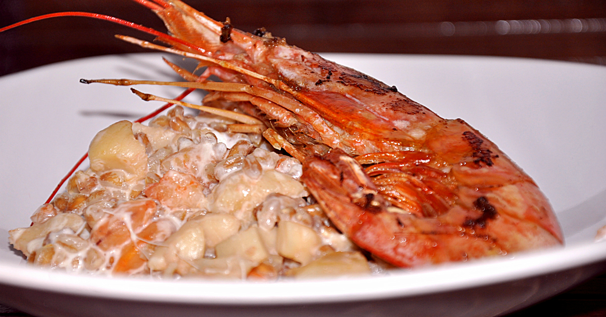 Farro gamberi e capesante mantecato con burrata