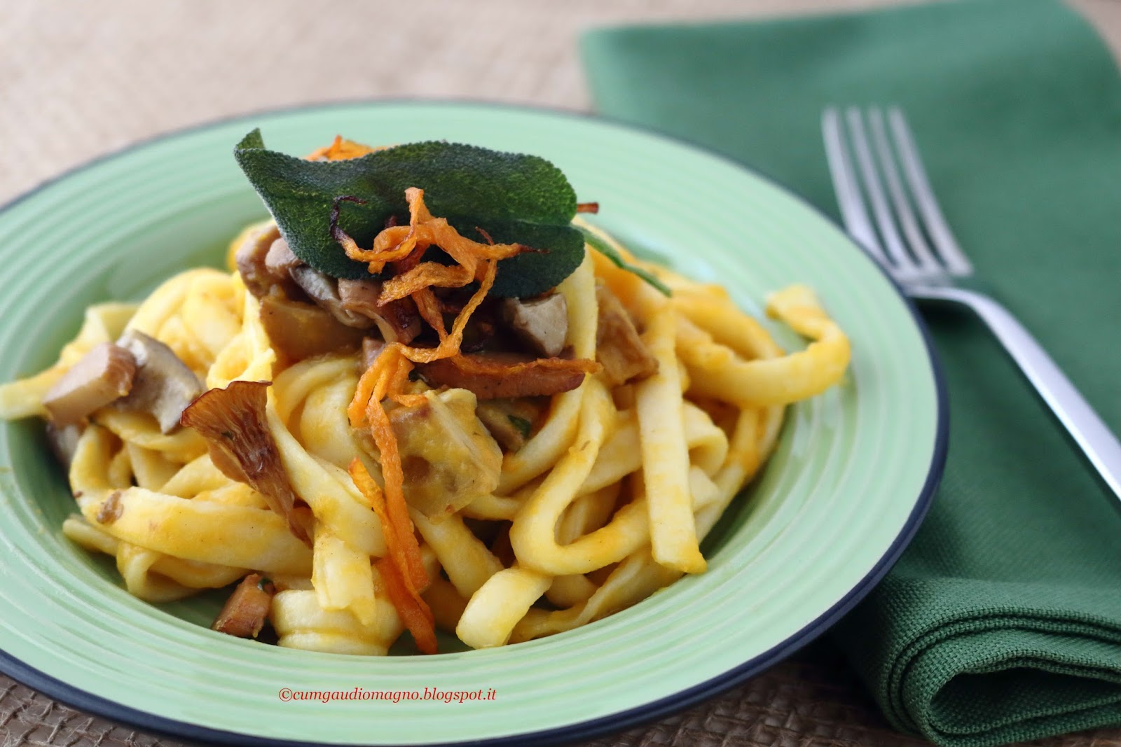Fettucciole autunnali in crema di zucca con porcini e finferli e julienne di zucca croccante