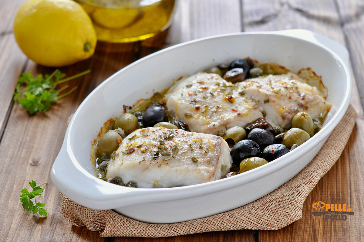 Filetti di merluzzo al forno con olive e limone