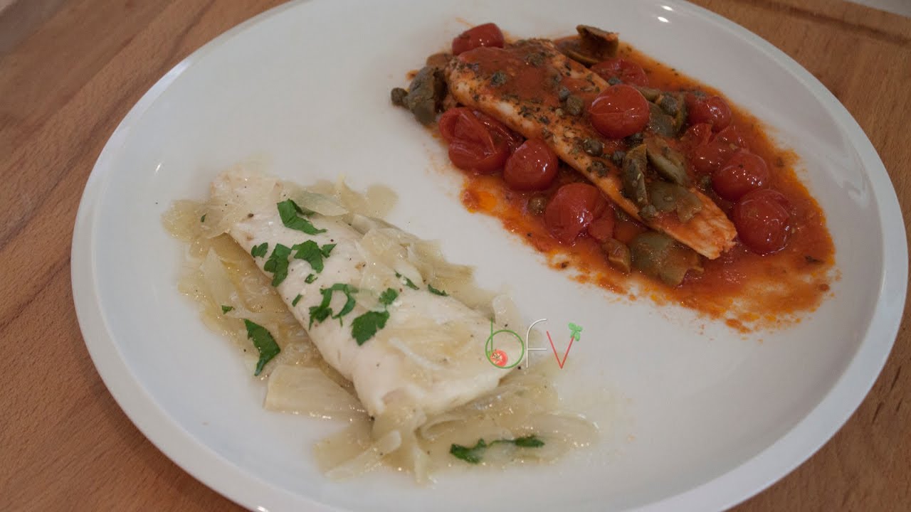 Filetti di merluzzo con pomodorini capperi olive / merluzzo con cipolle [videoricetta]