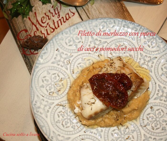 Filetto di merluzzo con purea di ceci e pomodori secchi