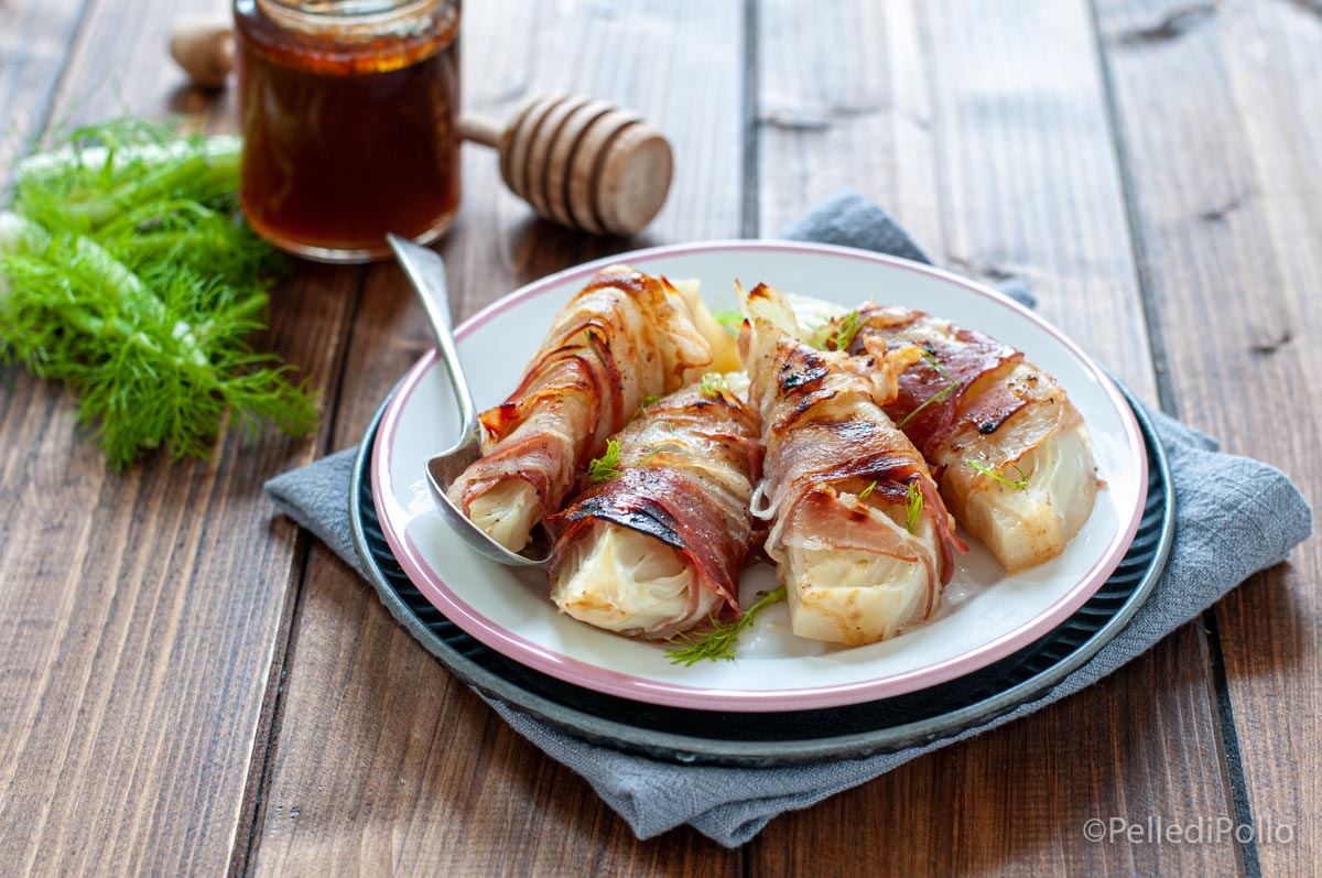 Finocchi al forno con pancetta e miele