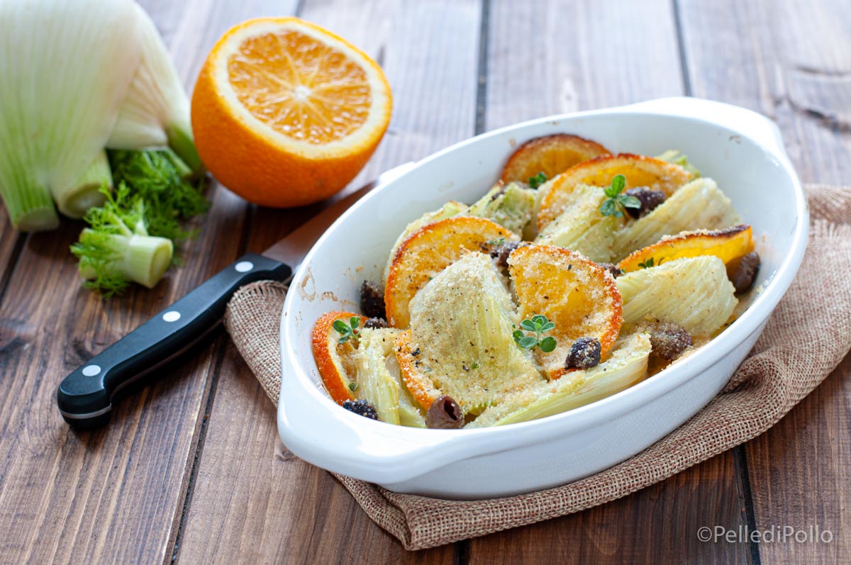 Finocchi gratinati con arance e olive