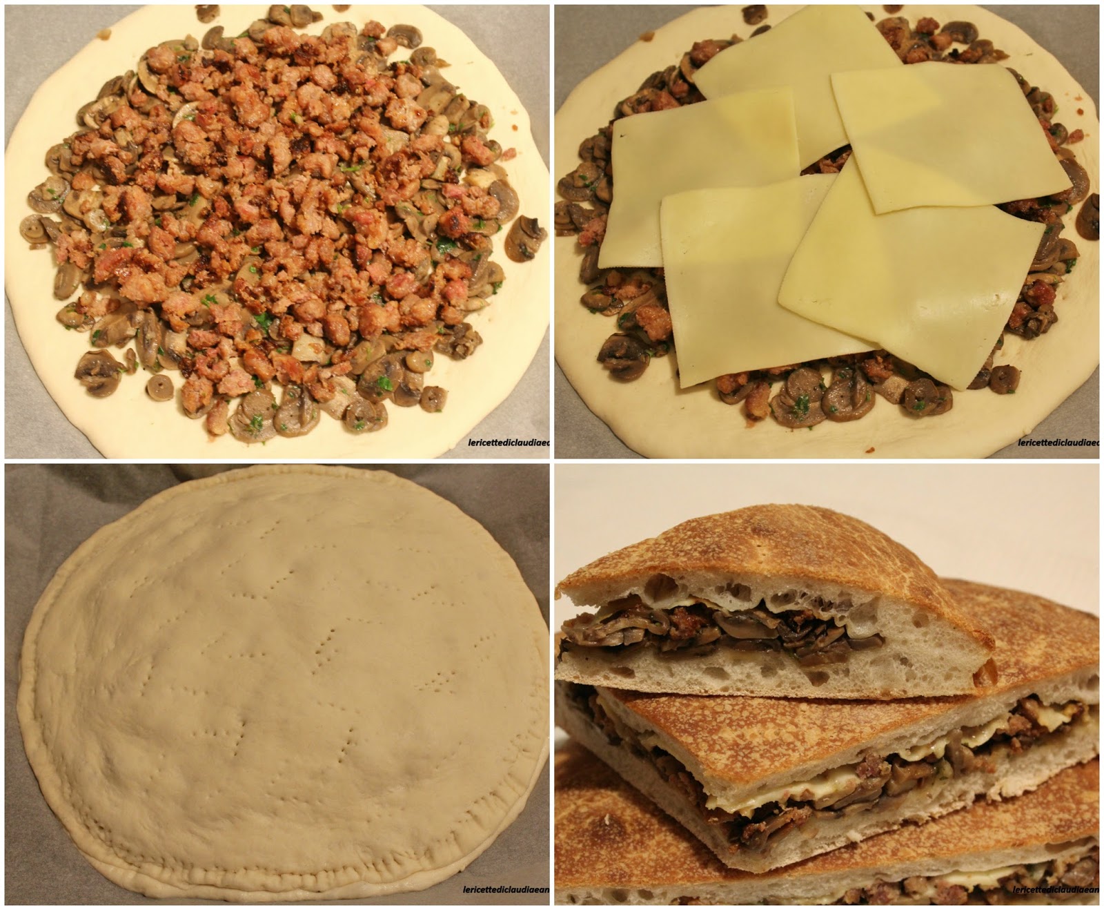 Focaccia con lievito madre, ripiena con salsiccia, funghi e formaggio