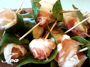 FOGLIE DI ALLORO CON ROLL DI PANCETTA E PORRI