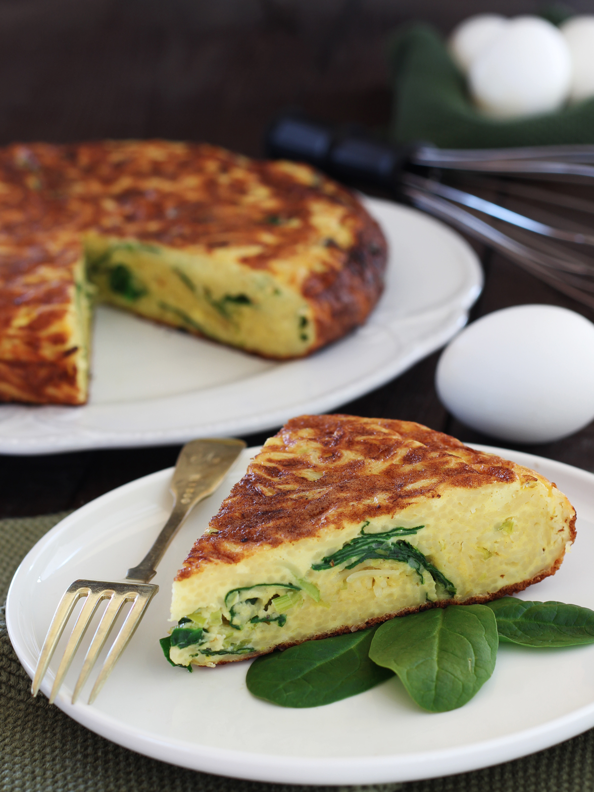 Frittata di capellini d’angelo, con porri e spinaci