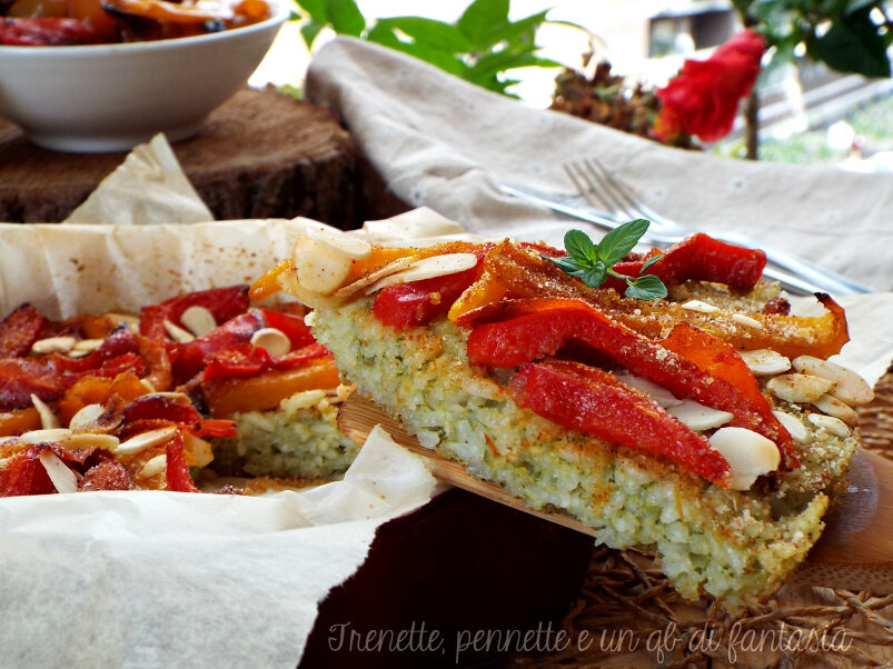 Frittata di riso al pesto con peperoni gratinati