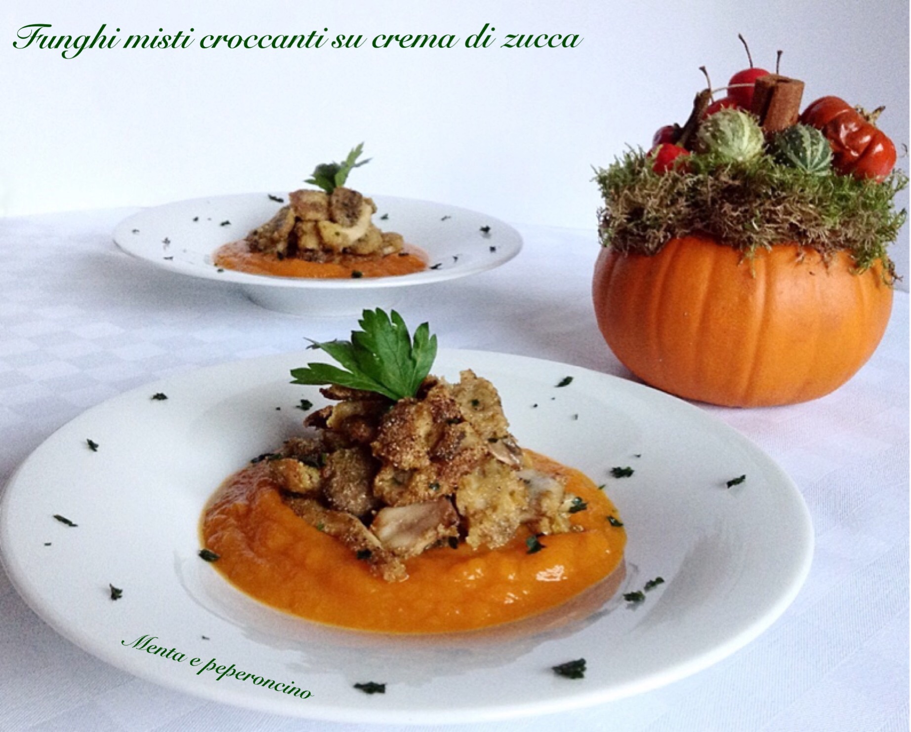 Funghi misti croccanti su crema di zucca